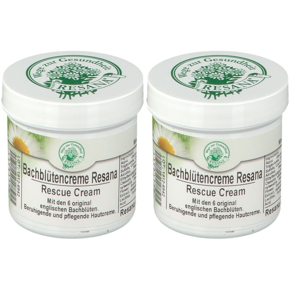 Zwei weiße Cremetiegel mit Deckel. Aufschrift: Bachblütencreme Resana Rescue Cream. Mit Logo und Text.