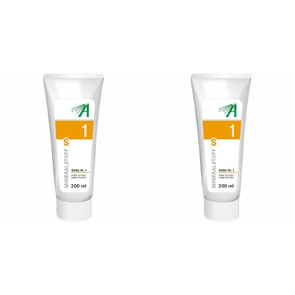 Zwei weiße Tuben mit Etikett. Auf dem Etikett: grünes Logo, gelbes Feld mit "1", Text "MINERALSTOFF", "Salbe Nr. 1", und "200 ml".