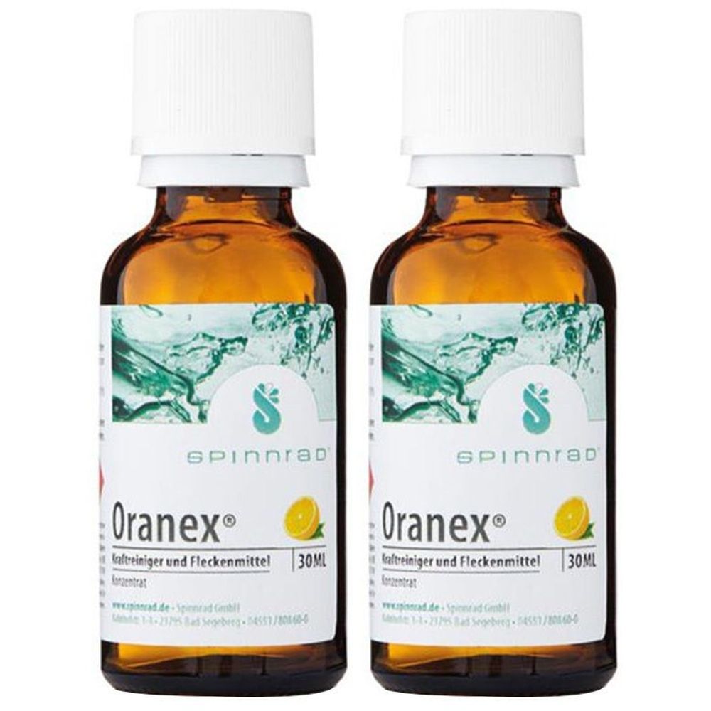 Zwei Flaschen Spinnrad® Oranex Kraftreiniger. Braune Glasflaschen mit weißem Deckel und Etikett. Aufschrift: Oranex, 30ml.