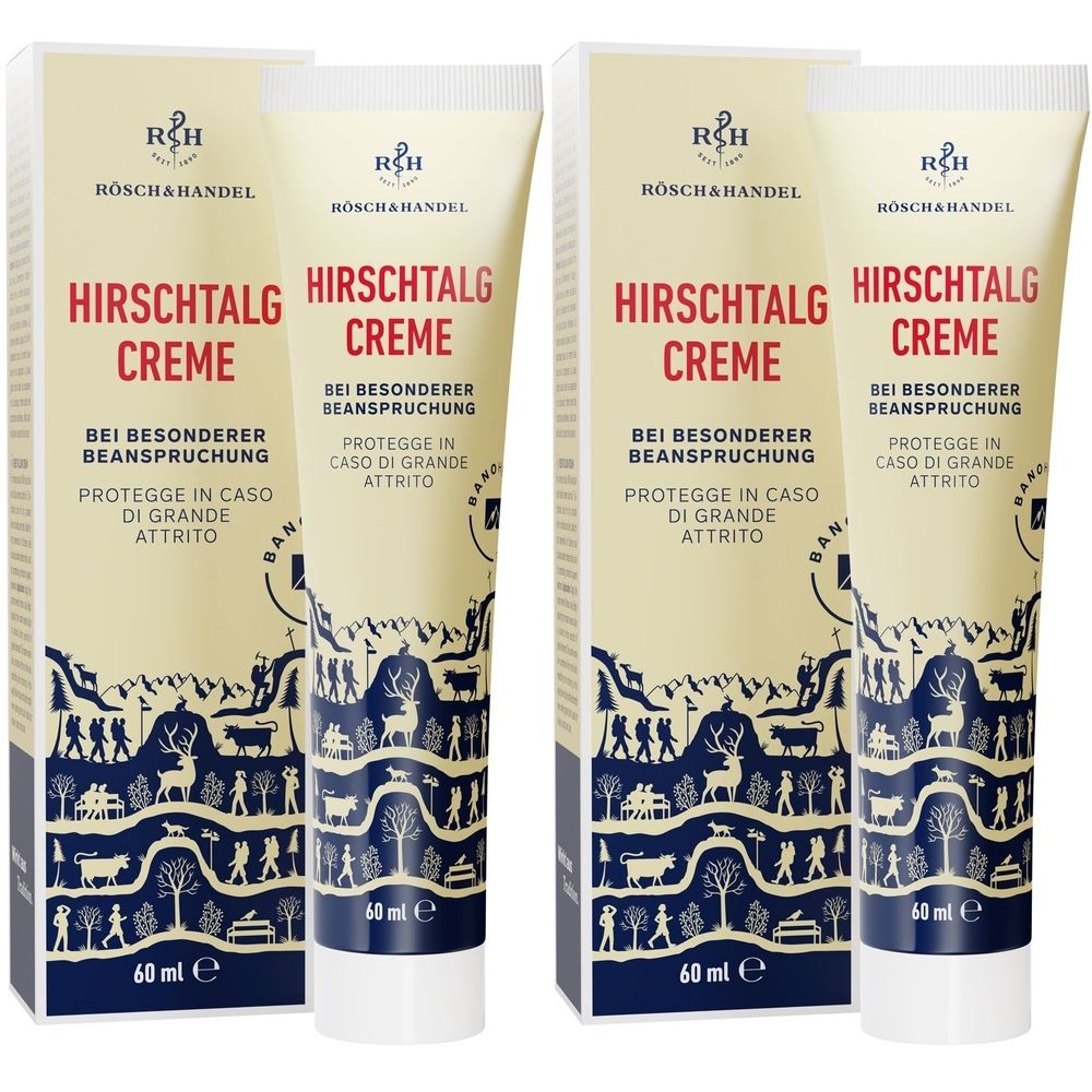 Mehrere Tuben und Verpackungen von Hirschtalg Creme. Aufschrift: RÖSCH & HANDEL, Hirschtalg Creme, 60 ml. Beige und blaues Design.