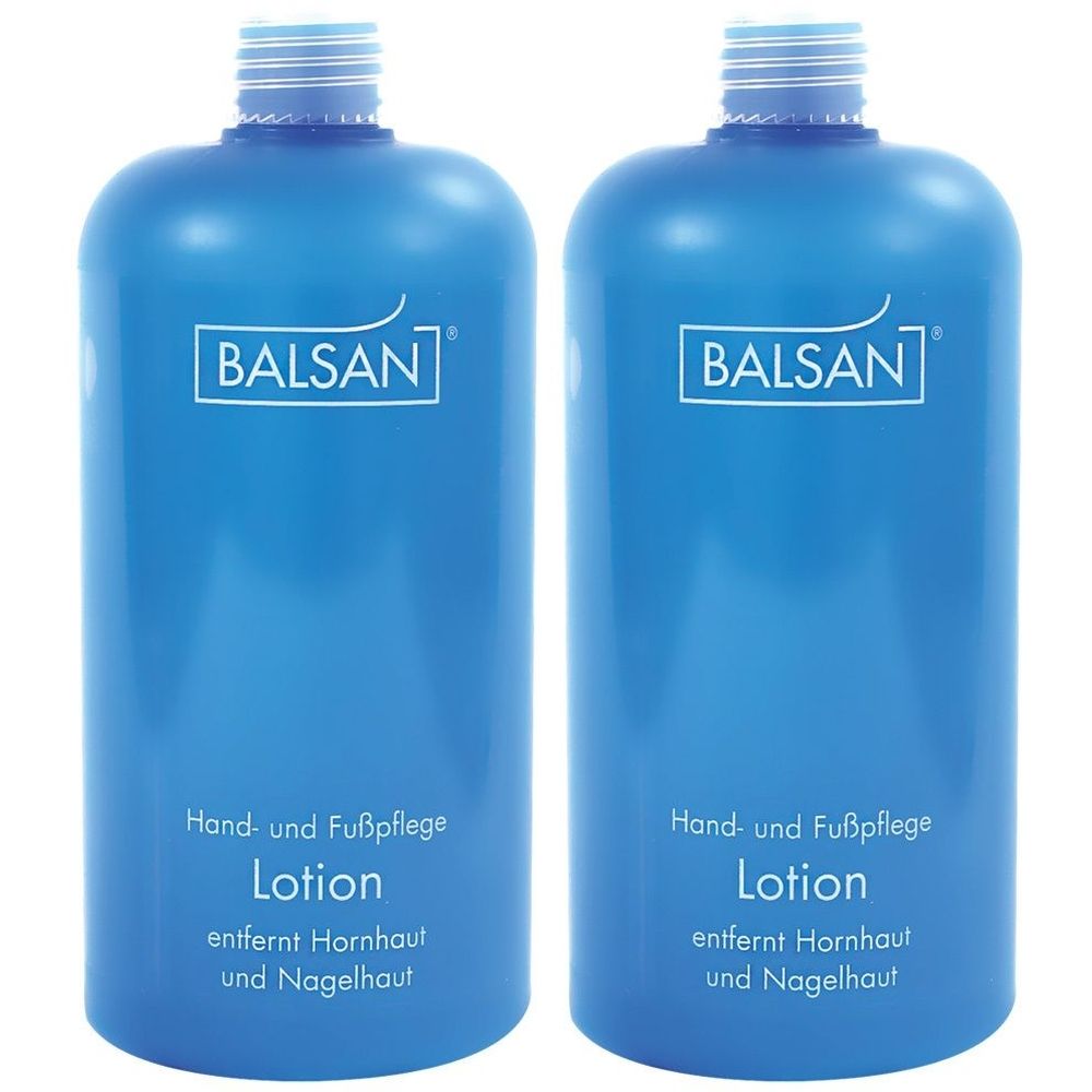 Zwei blaue Lotionflaschen mit weißem Aufdruck. Aufschrift: BALSAN, Hand- und Fußpflege Lotion, entfernt Hornhaut und Nagelhaut.