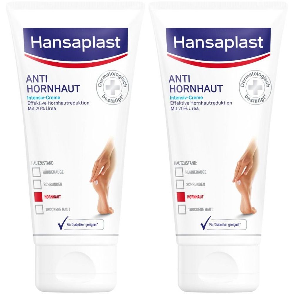 Zwei Tuben Hansaplast Anti Hornhaut Intensiv-Creme. Weiße Tuben mit blauer und roter Schrift. Dermatologisch bestätigt.