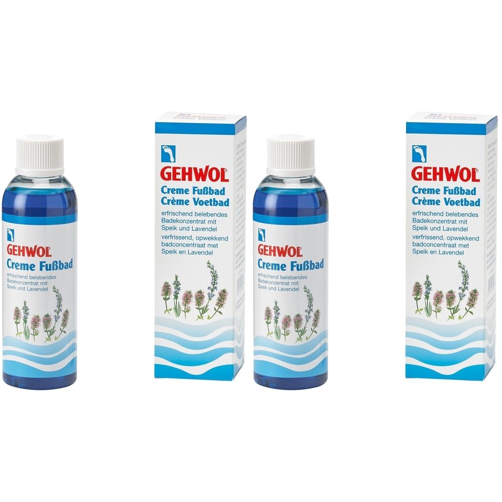 Drei Flaschen und zwei Kartons. Flaschen mit blauem Inhalt und weißem Deckel. Aufdruck: GEHWOL Creme Fußbad.