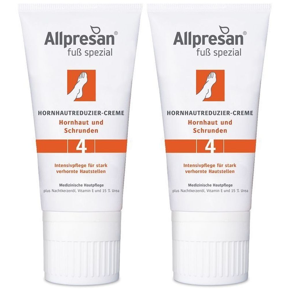 Zwei Tuben Allpresan Fuß spezial Nr. 4 Hornhautreduzier-Creme. Weiße Tuben mit orangefarbenen Akzenten und Produktinformationen.