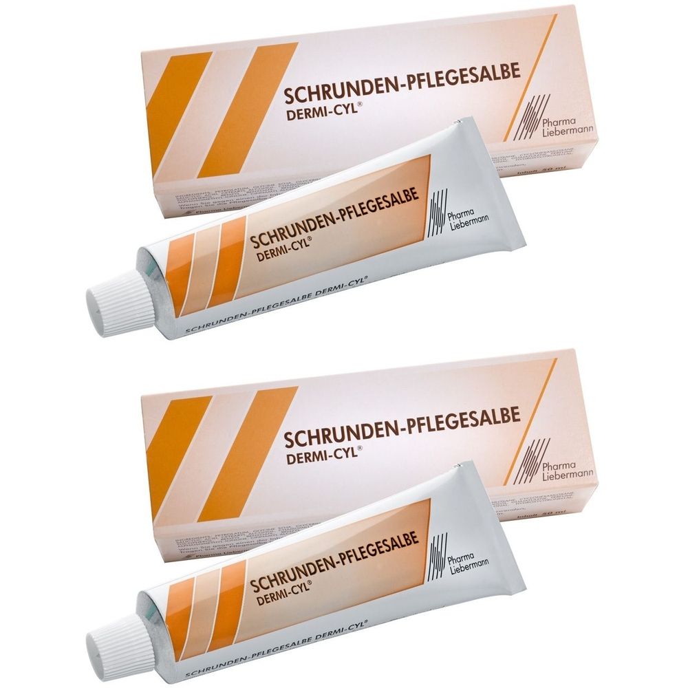 Zwei Tuben und zwei Schachteln SCHRUNDEN-PFLEGESALBE DERMI-CYL. Weiße Tuben mit Schriftzug. Schachteln mit orangefarbenen Streifen.