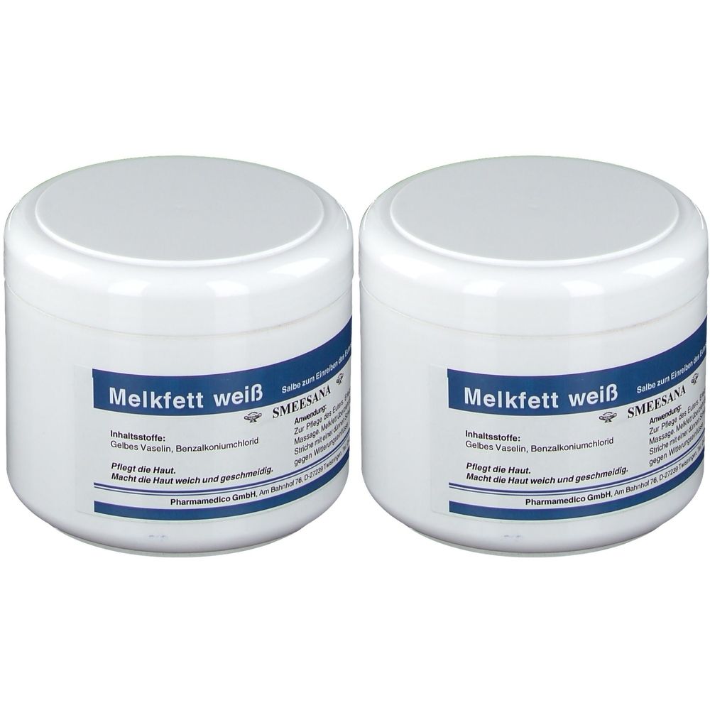 Zwei weiße Tiegel mit Deckel. Auf der blauen Banderole steht "Melkfett weiß" und "SMEESANA".