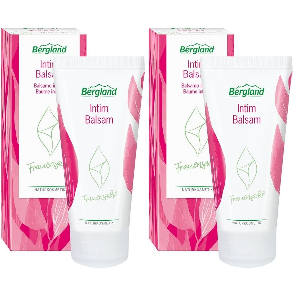 Zwei Tuben und Verpackungen von Bergland Intim Balsam. Weiße Tuben mit grünem Logo und Schriftzug. Rosa Verpackung.