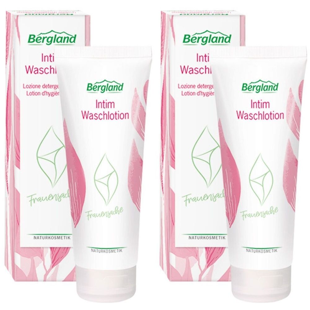 Zwei Tuben und zwei Kartons. Auf den Tuben steht "Intim Waschlotion". Auf den Kartons steht "Bergland". Rosa und grüne Elemente.