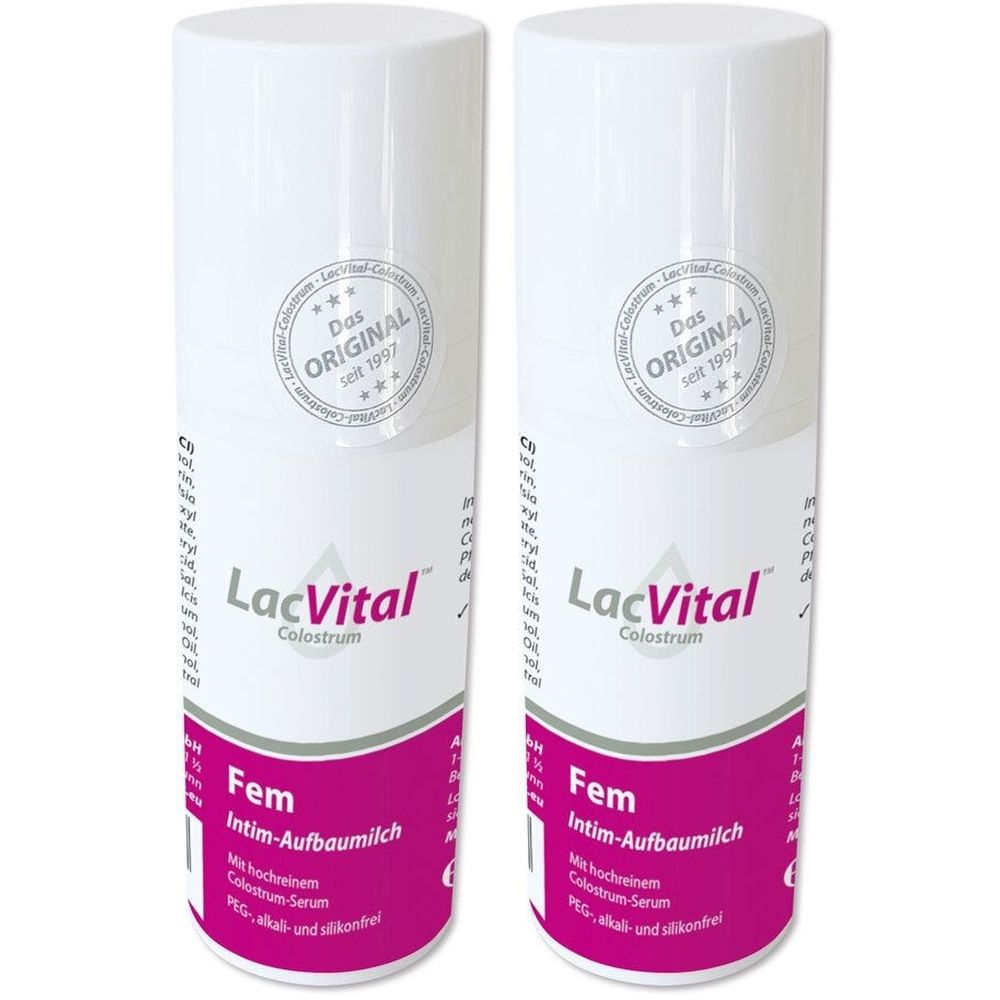 Zwei weiße Flaschen LacVital Colostrum Fem Intim-Aufbaumilch. Aufschrift: Das Original seit 1997. Rosa und weiße Etiketten.