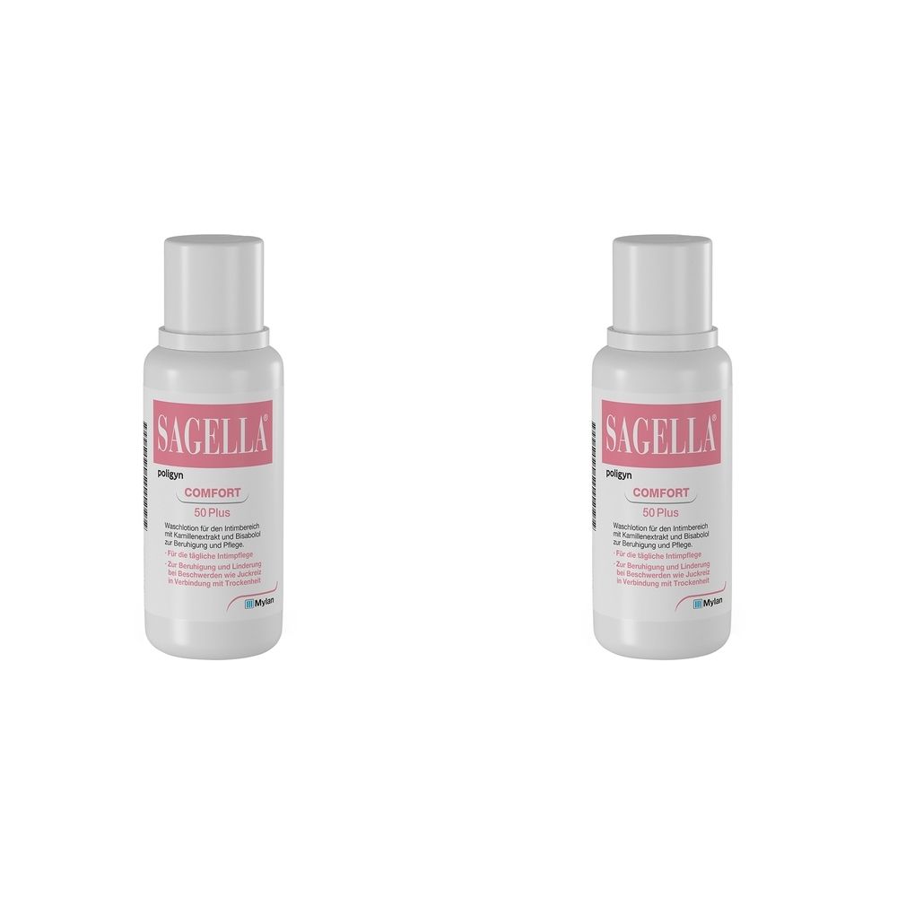 Zwei weiße Flaschen mit rosa Etikett. Aufschrift: SAGELLA Comfort 50 Plus.