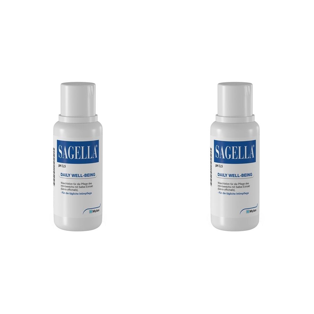 Zwei weiße Flaschen mit blauem Etikett. Aufschrift: SAGELLA pH 3,5 DAILY WELL-BEING. Flaschen mit weißem Verschluss.