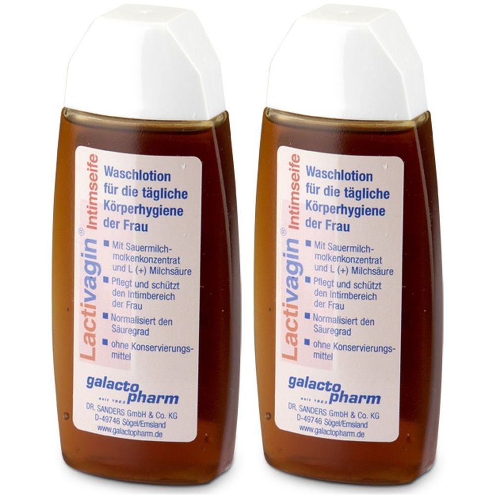 Zwei Flaschen Lactivagin Intimseife. Braune Flüssigkeit in einer ovalen Flasche mit weißem Deckel. Etikett mit Produktinformationen.