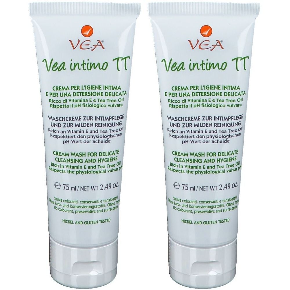 Zwei Tuben VEA intimo TT Waschcreme. Weiße Tuben mit grüner Schrift und Produktinformationen. Nickel- und Gluten getestet.