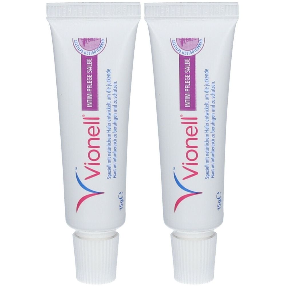 Zwei Tuben Vionell Intim-Pflege-Salbe. Weiße Tuben mit blauer und roter Grafik. Text: Intim-Pflege-Salbe, 15g.