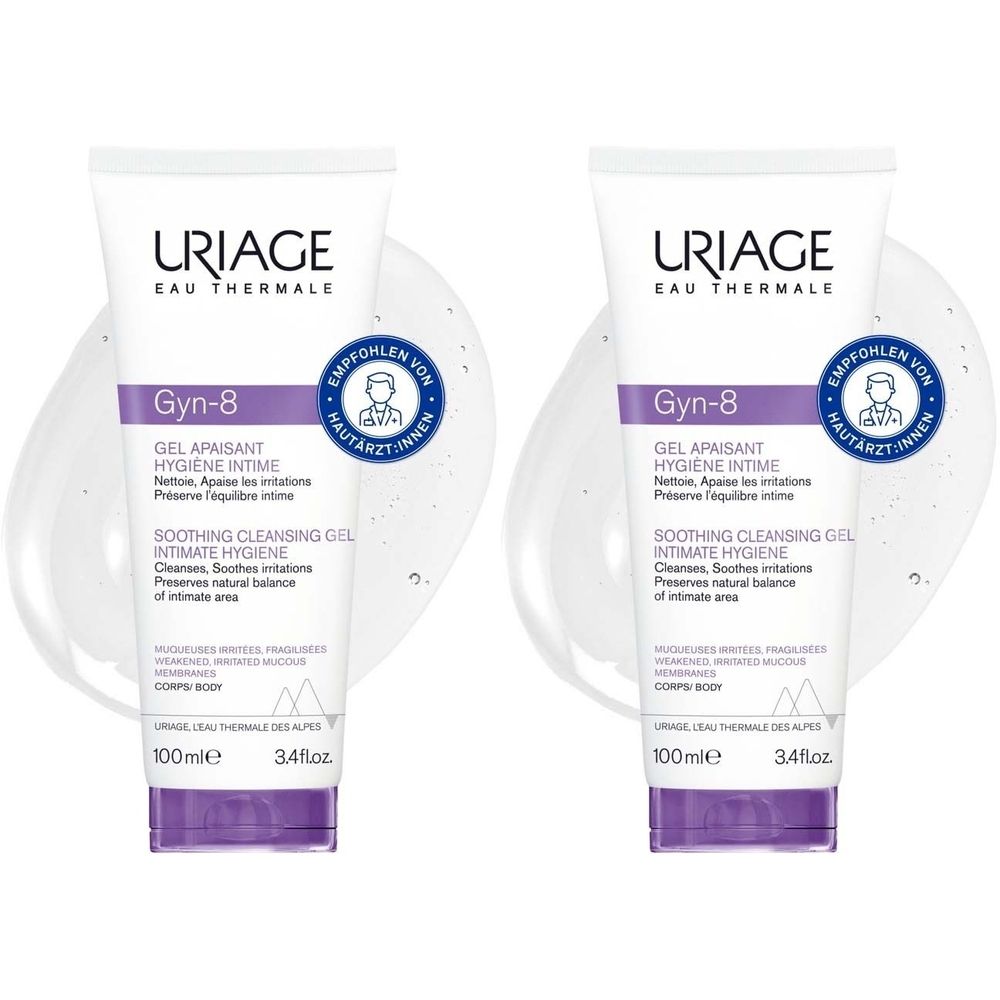 Zwei Tuben Gyn-8 Gel. Weiß, mit lila Akzenten. Text: URIAGE, Gyn-8, Gel Apaisant, Hygiene Intime, Soothing Cleansing Gel.