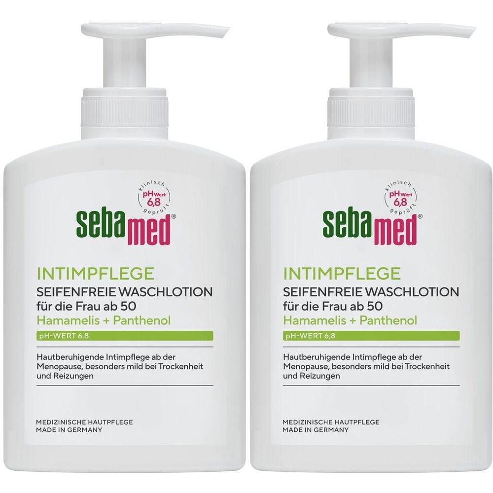 Zwei weiße Flaschen mit Pumpverschluss. Aufschrift: sebamed, Intimpflege, seifenfreie Waschlotion für die Frau ab 50. Mit pH-Wert 6,8.