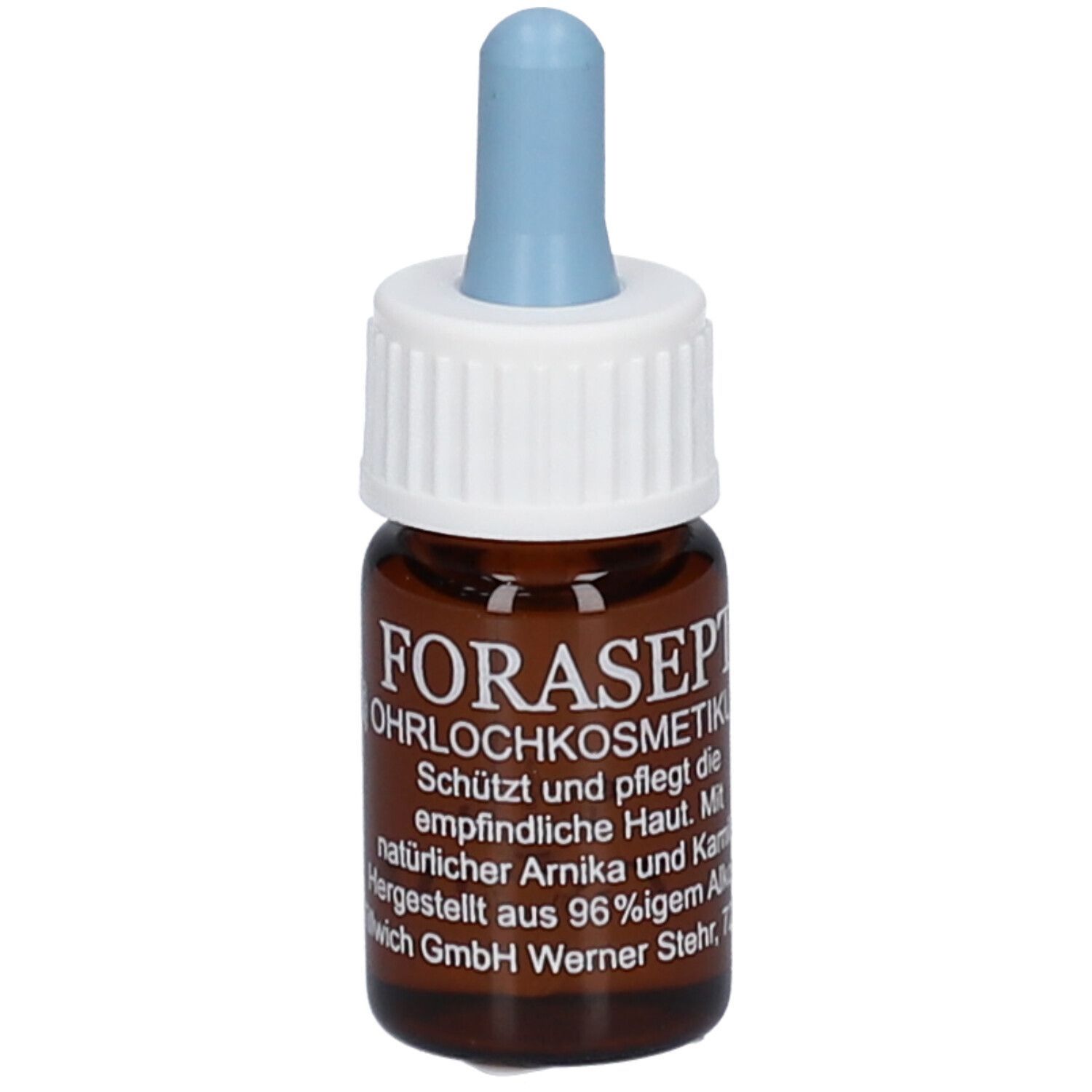 Braune Glasflasche mit weißem Schraubverschluss und blauem Tropfer. Aufschrift: FORASEP Ohrlochkosmetikum.