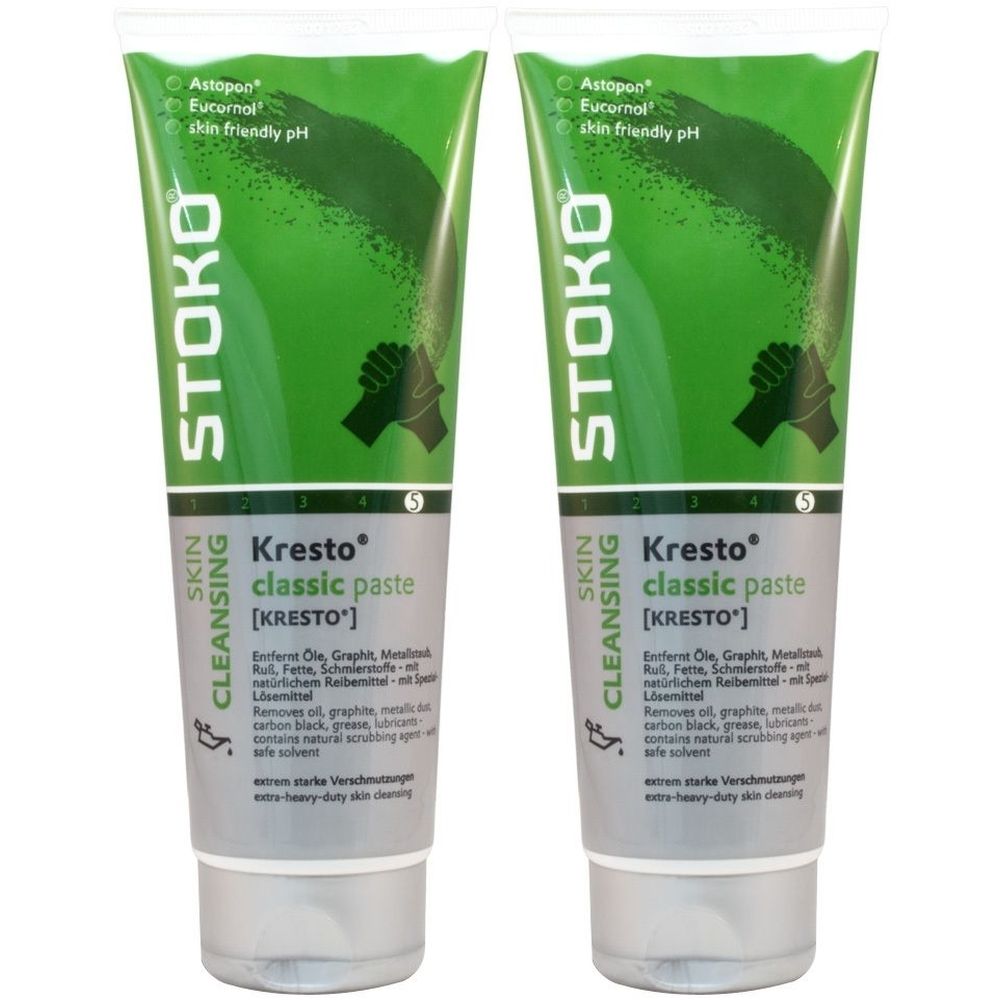 Zwei Tuben Stoko Kresto classic paste. Grün-weiße Verpackung. Text: Skin Cleansing, Kresto classic paste, [KRESTO®].