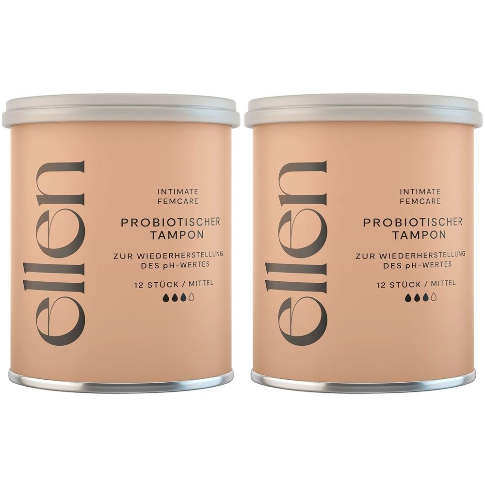 Zwei zylindrische Dosen mit der Aufschrift "ellen". Text: "Probiotischer Tampon". 12 Stück. Mittel. Beige und silberfarben.