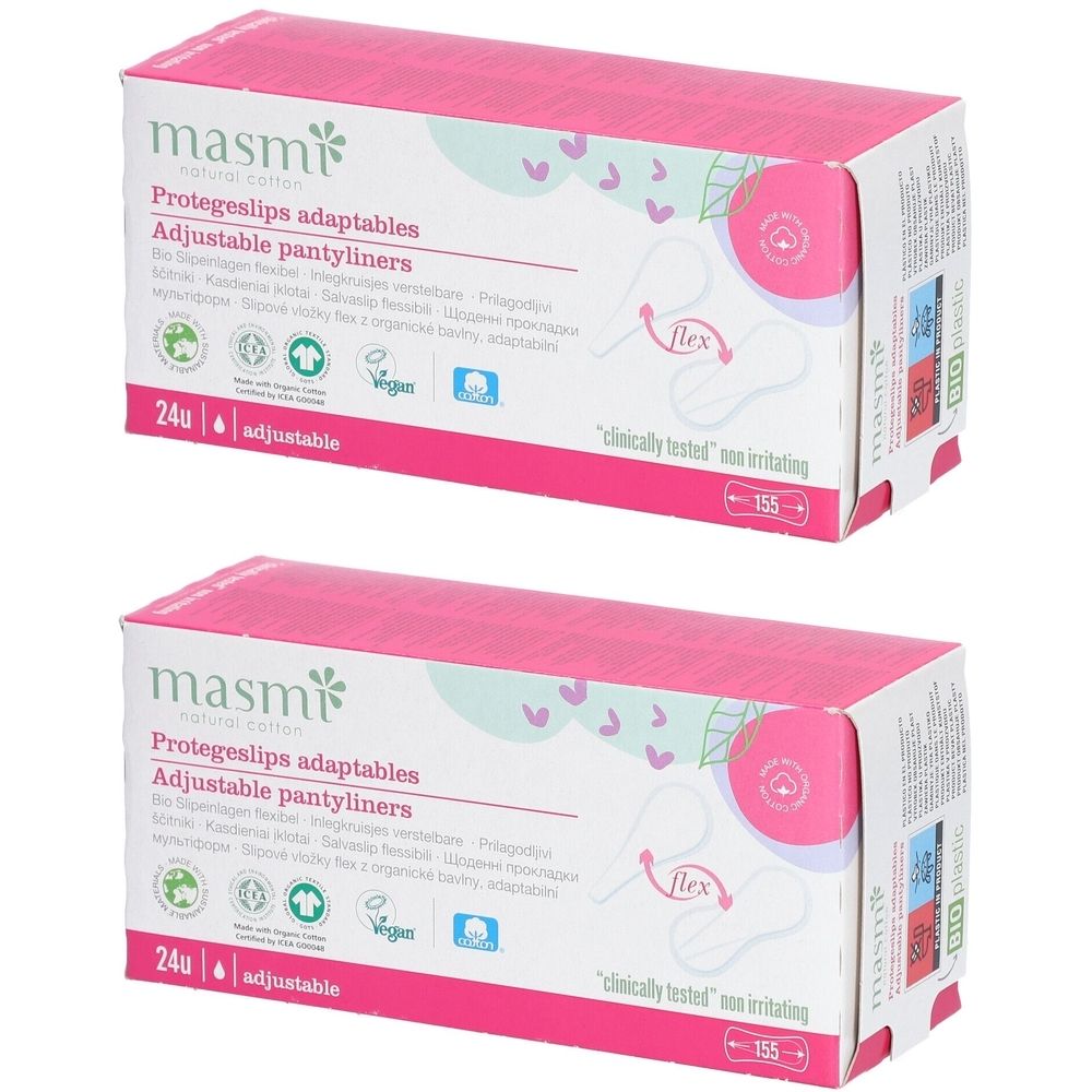 Zwei Packungen masmi Bio Slipeinlagen Flex. Rosa-weiße Verpackung mit Produktbezeichnung und Logos. 24 Stück.