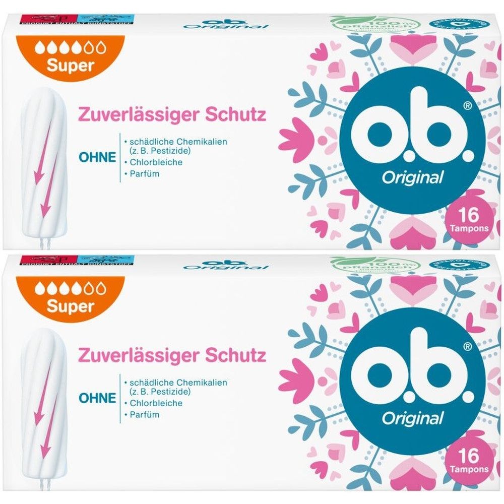 Zwei Packungen mit Tampons. Aufschrift: o.b. Original, Super, 16 Tampons. Ohne schädliche Chemikalien, Chlorbleiche und Parfüm.