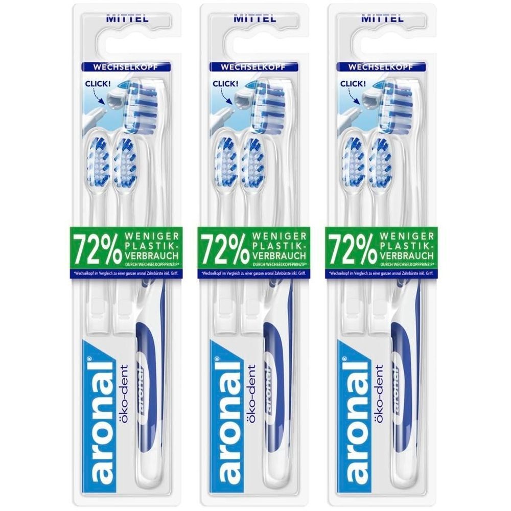 Drei Zahnbürsten mit Wechselkopf in Verpackung. Auf der Verpackung steht "aronal öko-dent". Die Bürsten haben blaue Borsten und weiße Griffe mit blauen Akzenten.