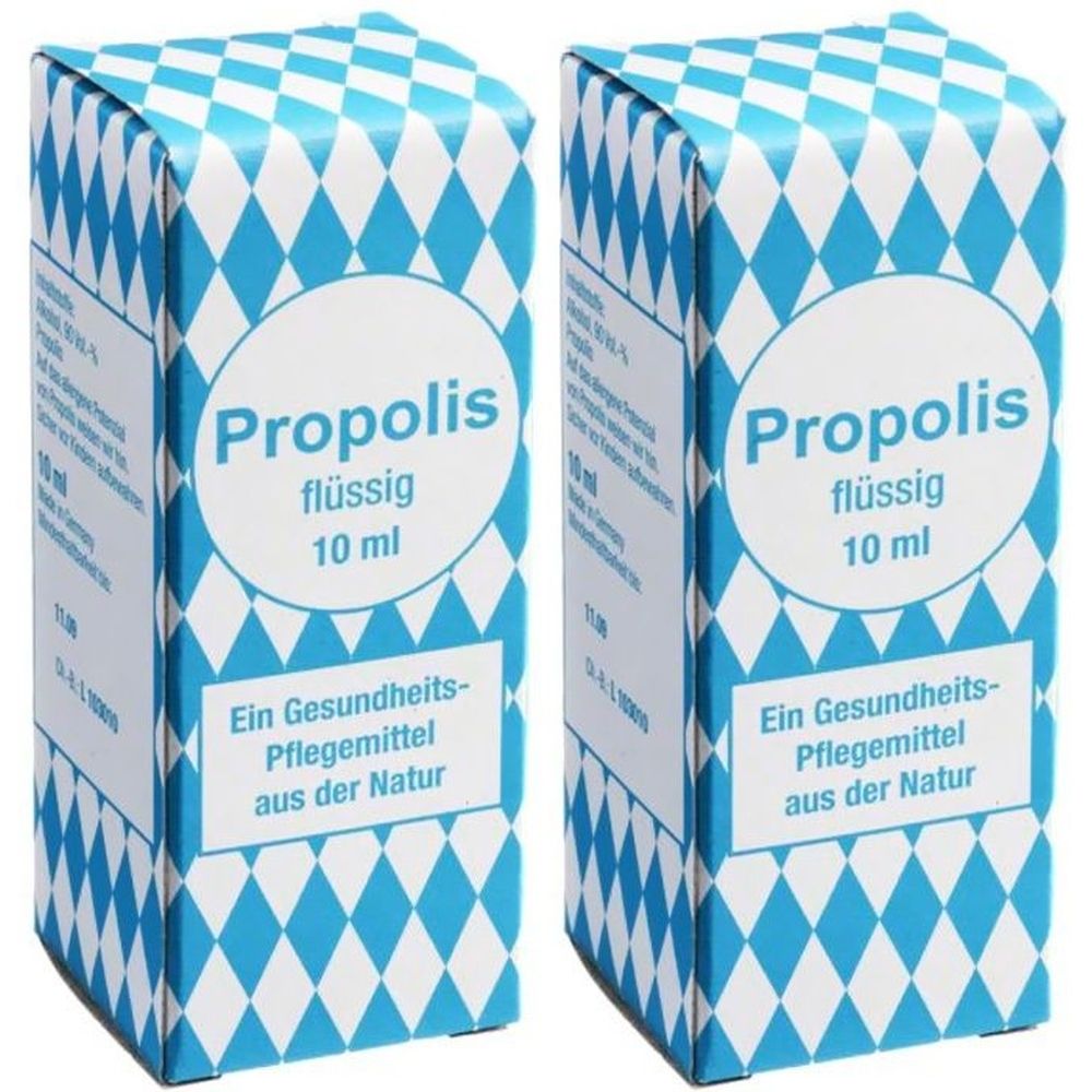 Zwei Schachteln mit Propolis flüssig. Blaue und weiße Rautenmuster. Aufschrift: Propolis flüssig 10 ml. Ein Gesundheitspflegemittel aus der Natur.