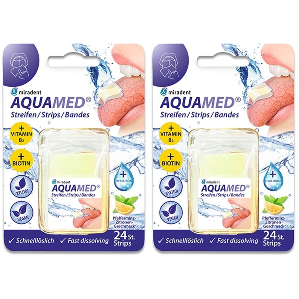 Zwei Packungen miradent AQUAMED® Streifen. Jede Packung enthält 24 Streifen. Aufschrift: Vitamin B2, Biotin, vegan, Pfefferminz-Zitronen-Geschmack.