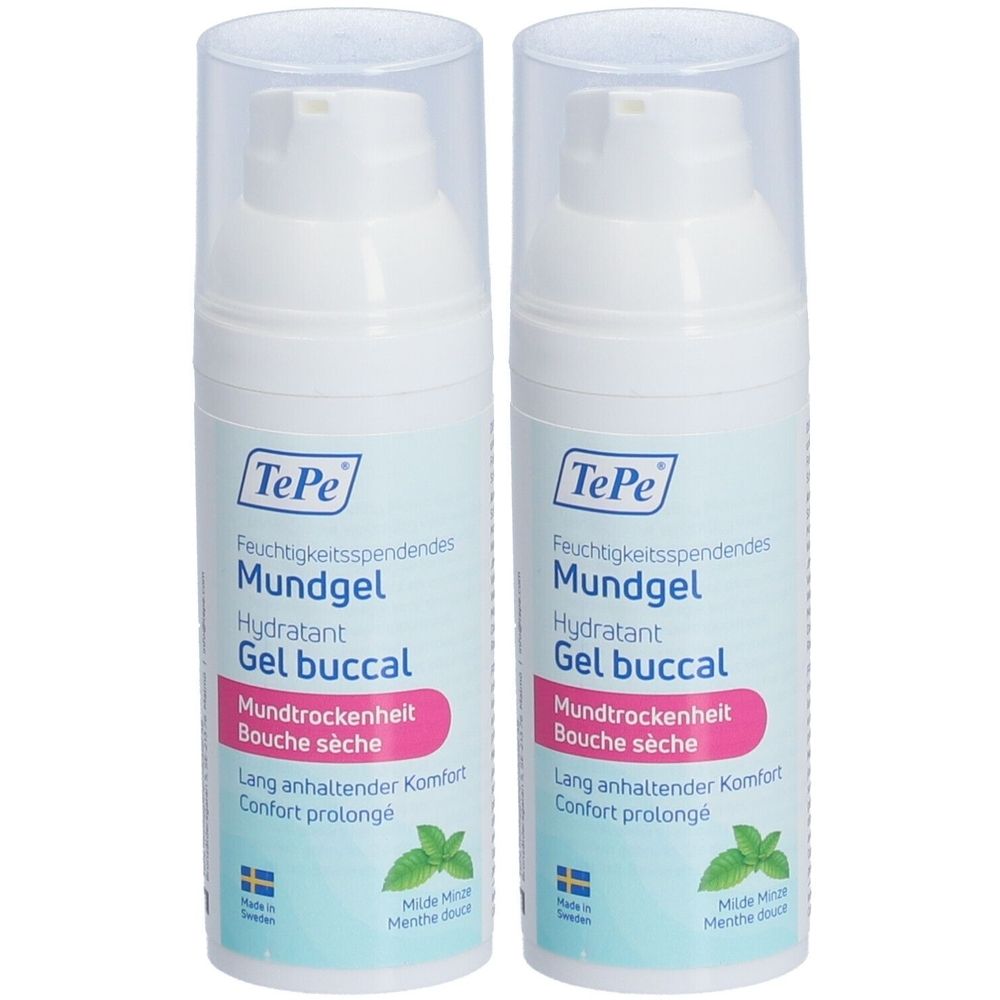 Zwei weiße Flaschen mit transparenten Kappen. Aufschrift: TePe, Mundgel, gegen Mundtrockenheit. Mit Minzblatt-Symbol.