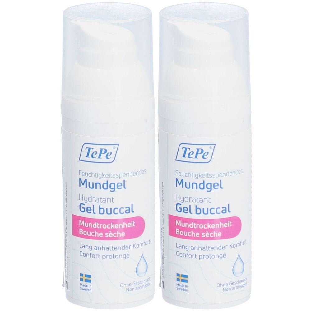 Zwei weiße Flaschen mit transparenten Deckeln. Aufschrift: TePe Mundgel. Rosa Etikett mit Text. Schwedische Flagge.