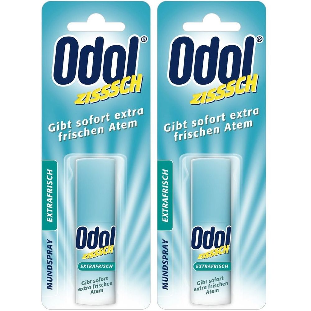 Zwei Packungen Odol ExtraFrisch Mundspray. Hellblaue Sprays in Blisterverpackung. Schriftzüge: Odol, ExtraFrisch, Mundspray.