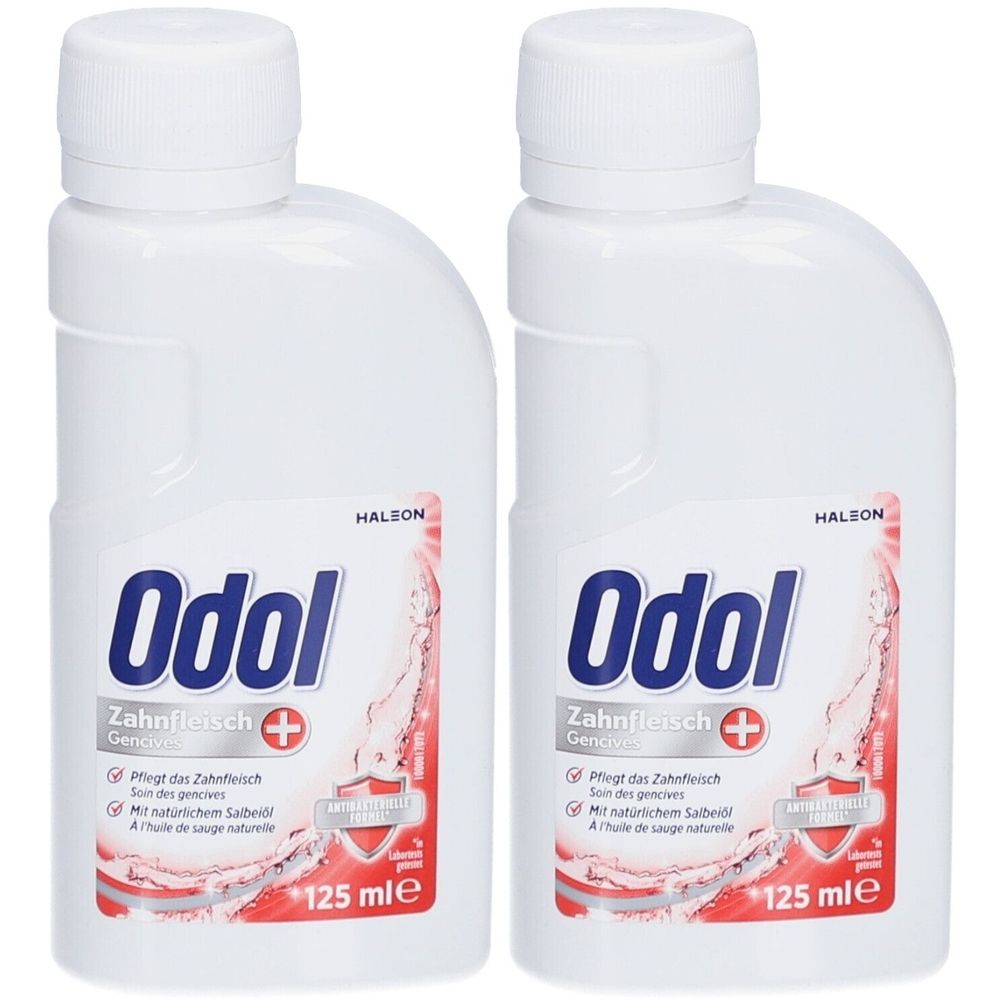 Zwei weiße Flaschen mit Schraubverschluss. Auf dem Etikett steht "Odol Zahnfleisch+". Darunter Text und ein rotes Logo. 125 ml.