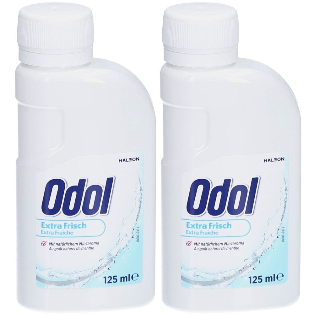 Zwei weiße Flaschen mit Schraubverschluss. Aufschrift: Odol Extra Frisch. Mit natürlichem Minzaroma. 125 ml.