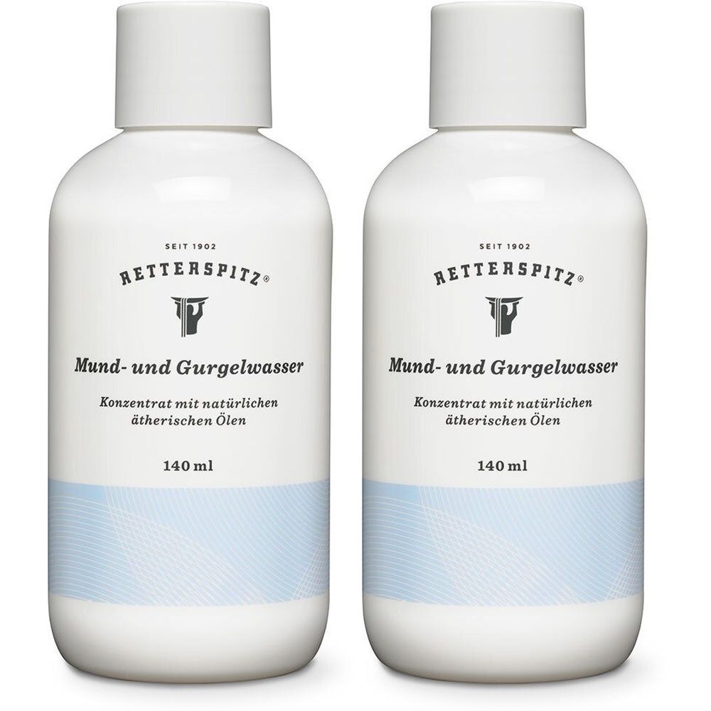 Zwei weiße Flaschen mit Schraubverschluss. Aufschrift: RETTERSPITZ Mund- und Gurgelwasser, 140 ml. Blaue Zierlinie.