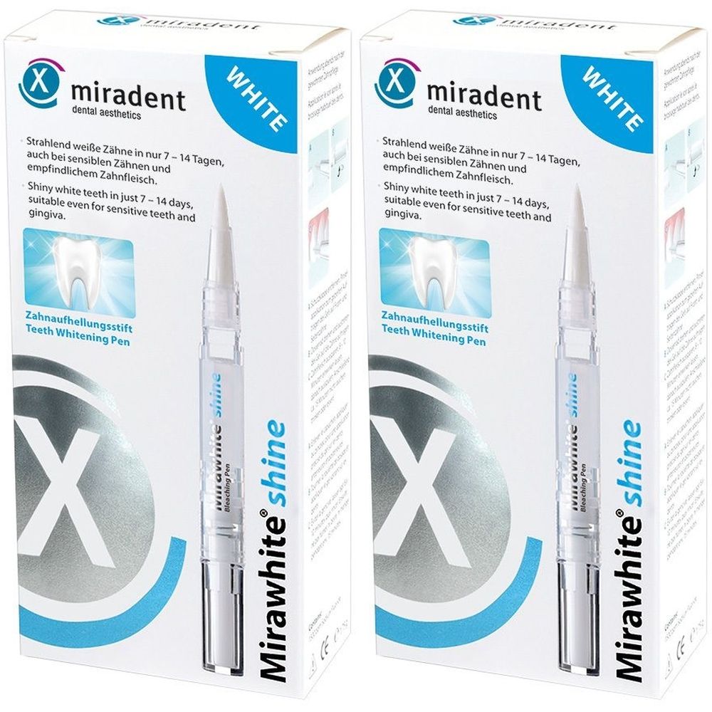 Zwei Packungen Mirawhite shine Zahnbleaching-Stift. Weiße Schachteln mit Produktabbildung und Text. Stift sichtbar.