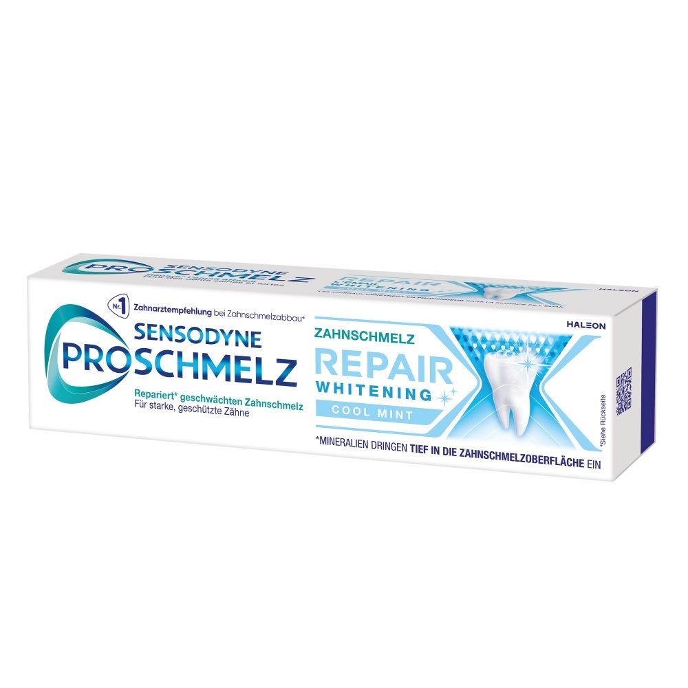 Sensodyne ProSchmelz Zahnschmelz Repair Whitening+ Cool Mint Zahnpasta in weißer und blauer Verpackung.