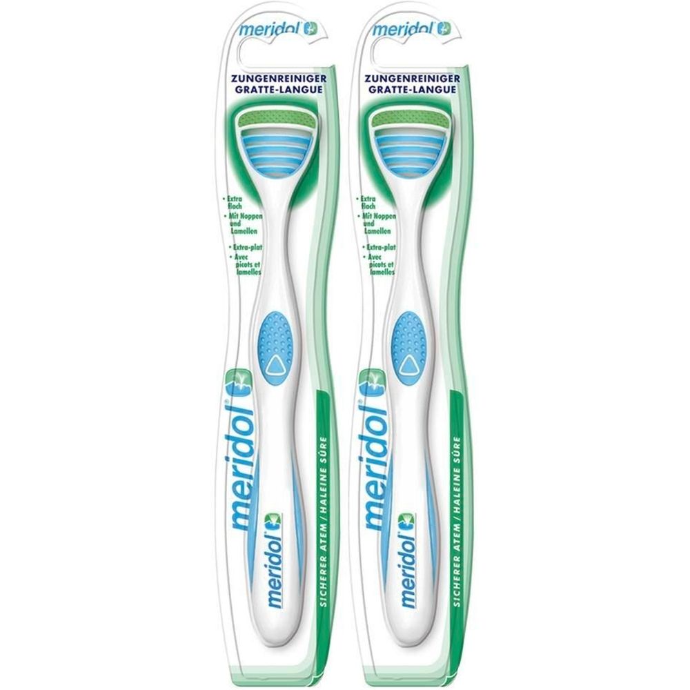 Zwei Zungenreiniger in Verpackung. Weißer Griff, blauer Bereich, grüner Reinigungsbereich. Marke: meridol. Text: Zungenreiniger, sicherer Atem.