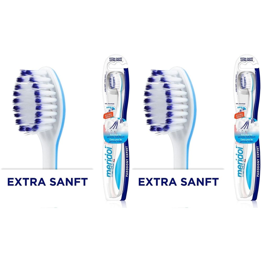 Zahnbürste mit weißem Griff, blauem Bürstenkopf und blauen Borsten. Verpackung mit Produktnamen und Aufschrift "Extra sanft".