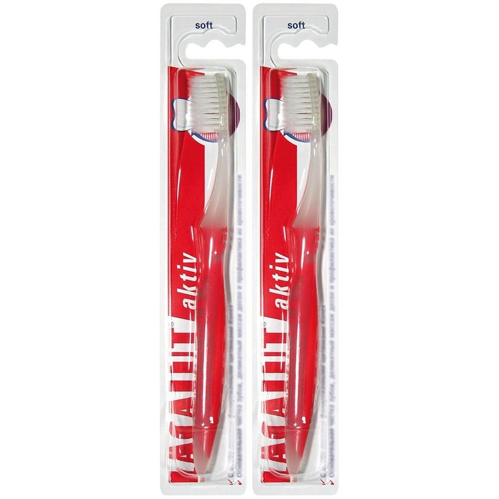 Zwei Zahnbürsten in roter Verpackung. Die Bürsten haben rote Griffe und weiße Borsten. Auf der Verpackung steht "aktiv".