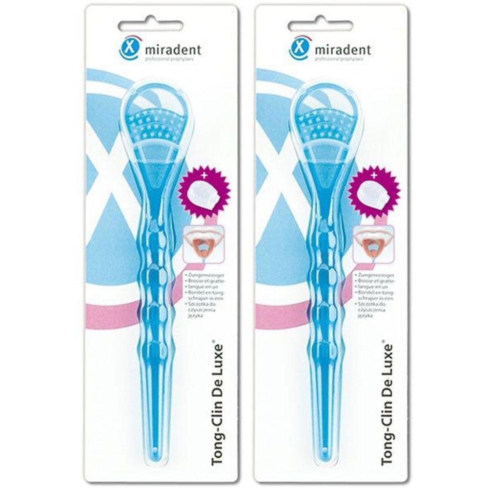 Zwei blaue Zungenreiniger in Blisterverpackung. Marke miradent, Modell Tong-Clin De Luxe. Verpackung mit Produktabbildung und Text.