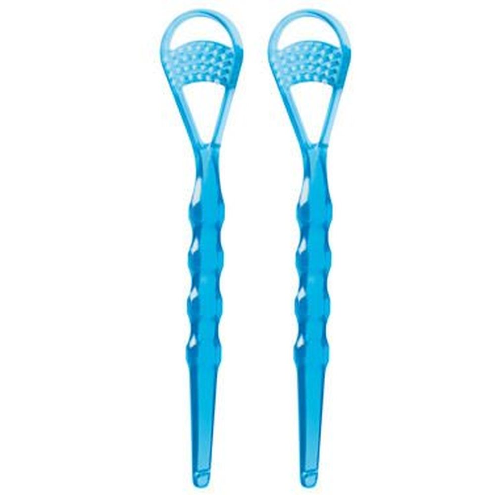 Zwei transparente, blaue Zungenreiniger. Jeder hat einen Griff mit Rillen und einen runden Kopf mit Noppen.