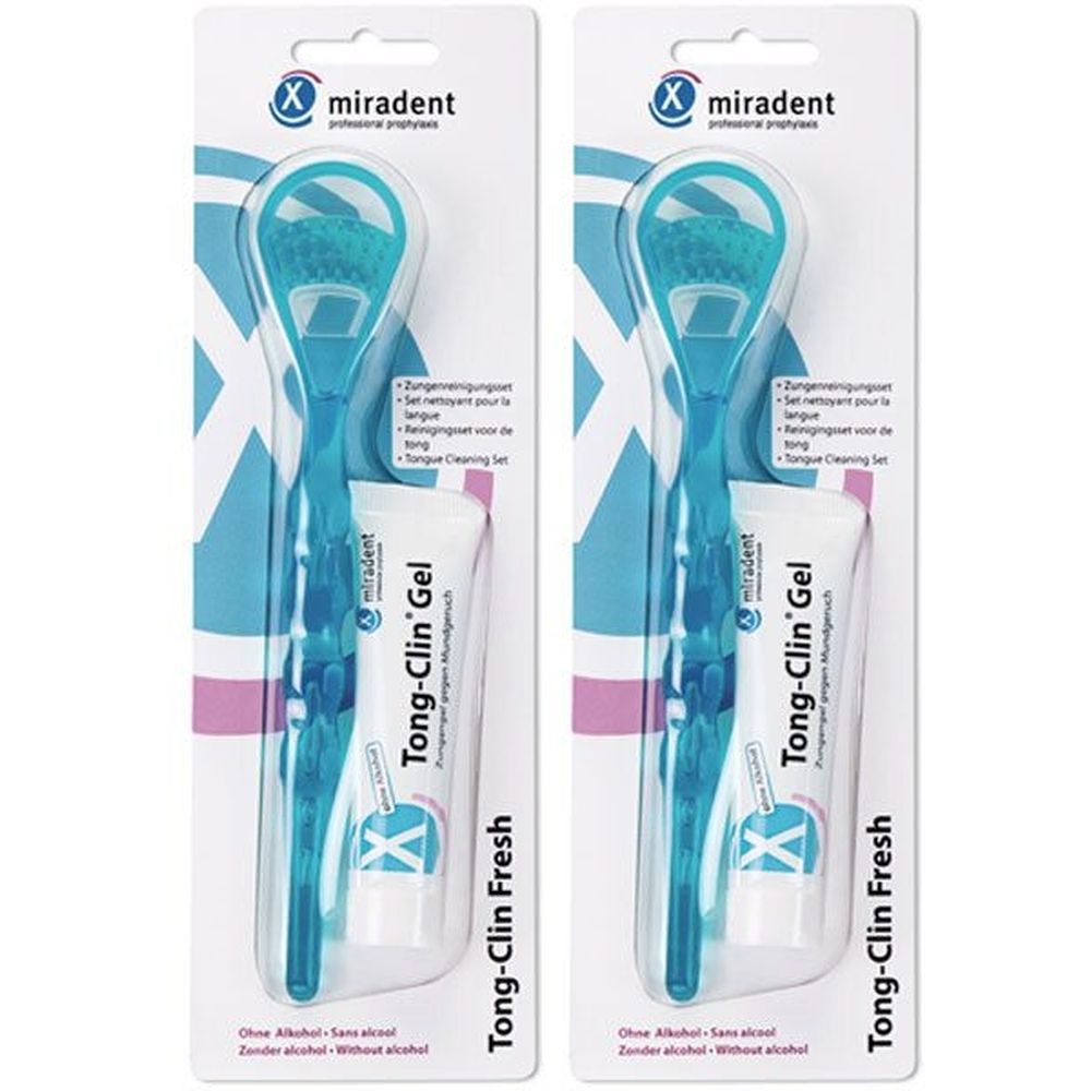 Zwei Sets. Jedes Set enthält einen Zungenreiniger und eine Tube Tong-Clin Gel. Verpackt in Blisterverpackung.