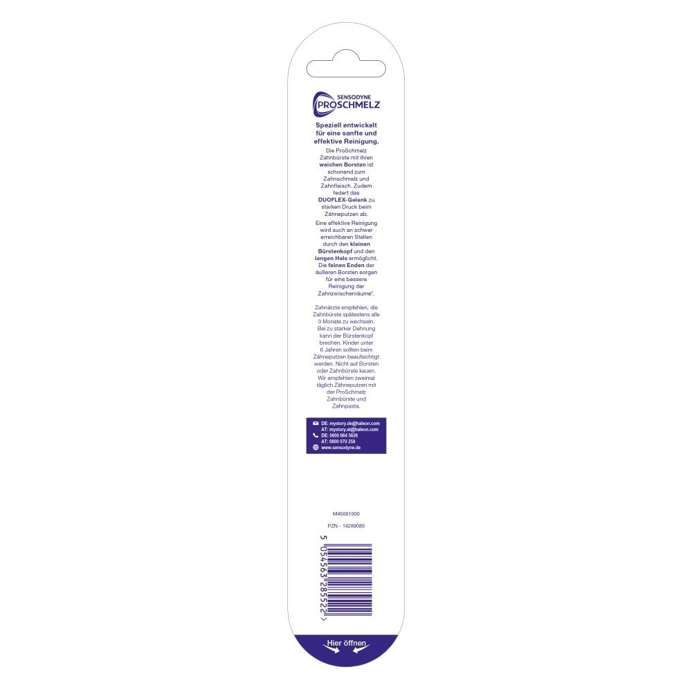 Rückseite einer Sensodyne Pro-Schmelz Zahnbürsten-Verpackung mit Produktinformationen.