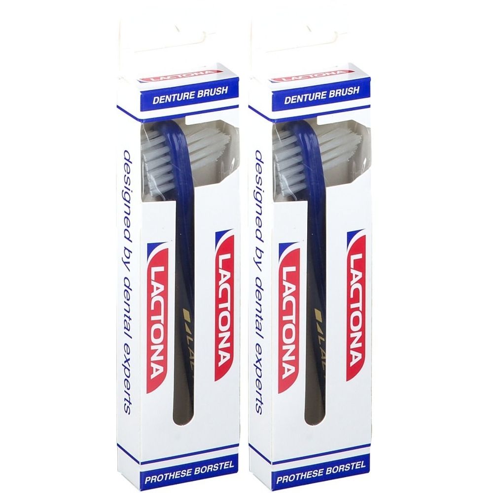 Zwei Zahnbürsten in Verpackung. Blaue Borsten, schwarzer Griff. Aufschrift: Lactona, Prothese Borstel, Denture Brush.
