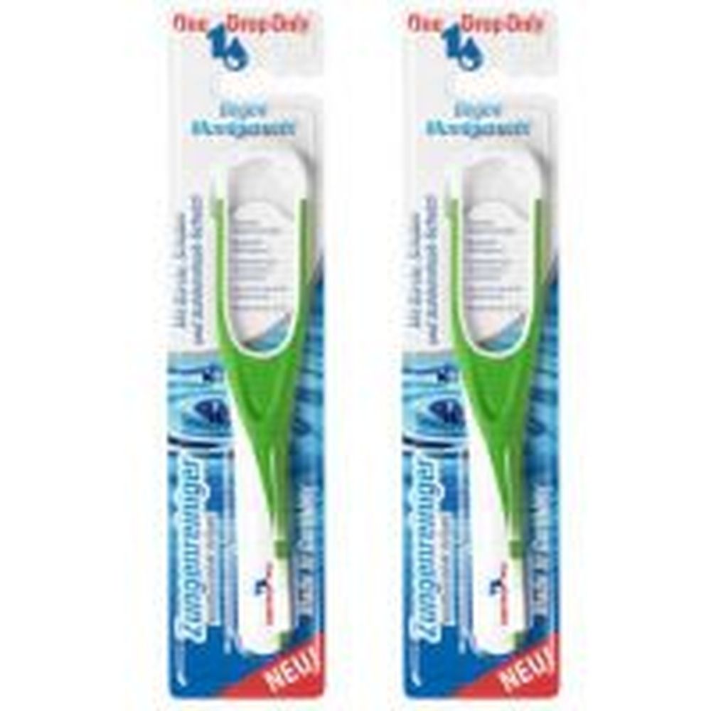 Zwei Zungenreiniger in Verpackung. Grüne Griffe, weiße Reinigungsfläche. Marke: One Drop Only. Aufschrift: Zungenreiniger, NEU.