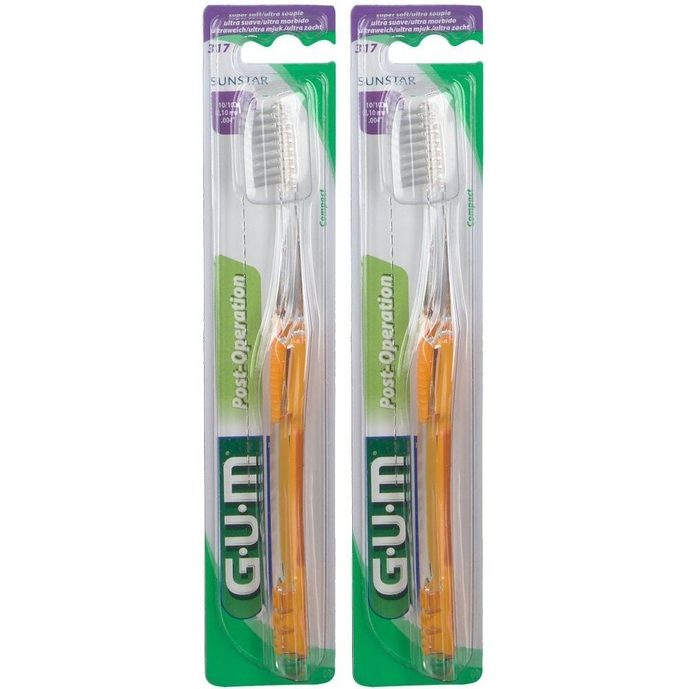 Zwei Zahnbürsten in Verpackung. Orangefarbener Griff, weißer Bürstenkopf. Aufschrift: G.U.M, Post-Operation, SUNSTAR.