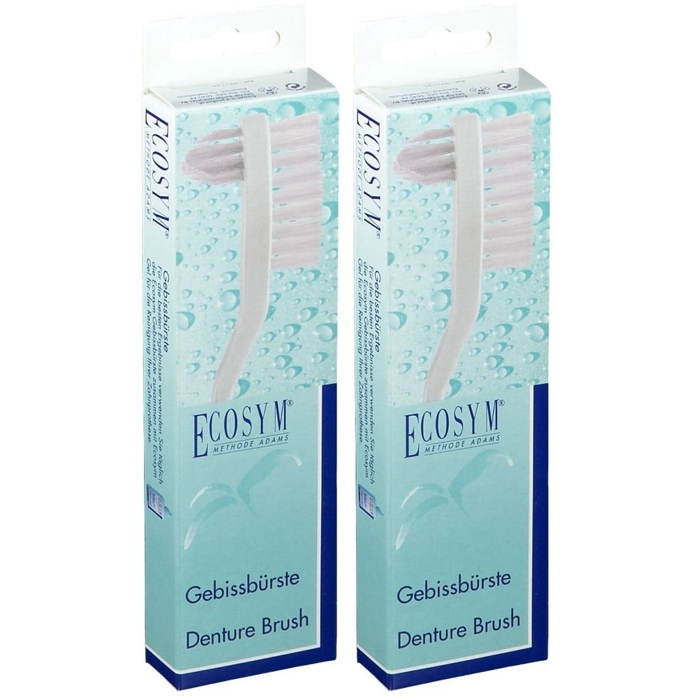Zwei Ecosym Prothesen-/Gebissbürsten in Verpackung. Weißer Bürstenkopf, blauer Karton mit Produktbezeichnung und Logo.