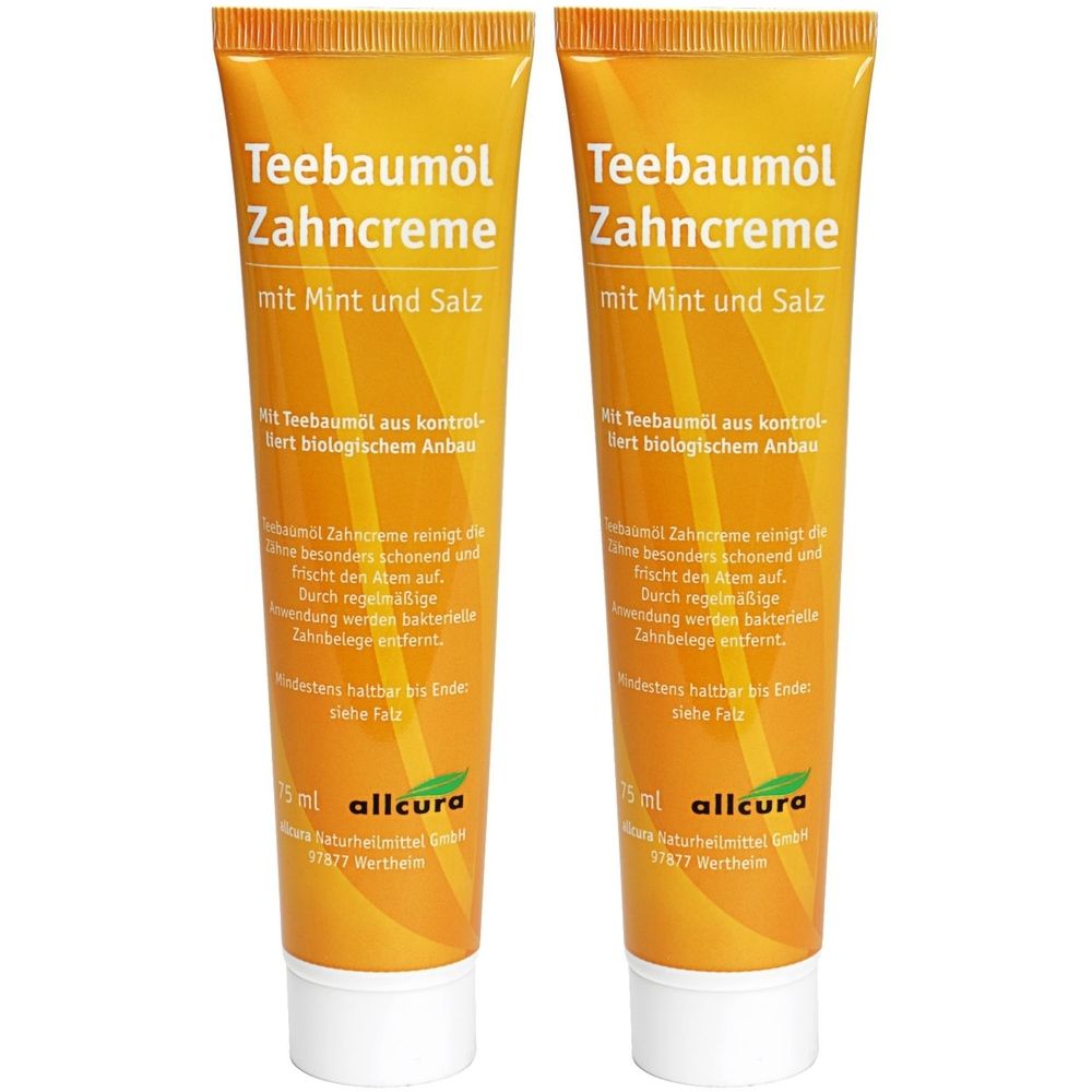 Zwei Tuben allcura Teebaumöl Zahncreme. Gelbe Tuben mit weißem Verschluss. Aufschrift: Teebaumöl Zahncreme mit Mint und Salz.