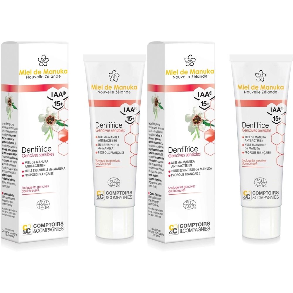 Zahnpasta-Tuben und Kartons. Aufschrift: Miel de Manuka, IAA 15+, Dentifrice, Comptoirs & C. Compagnies. Zertifizierungslogo.