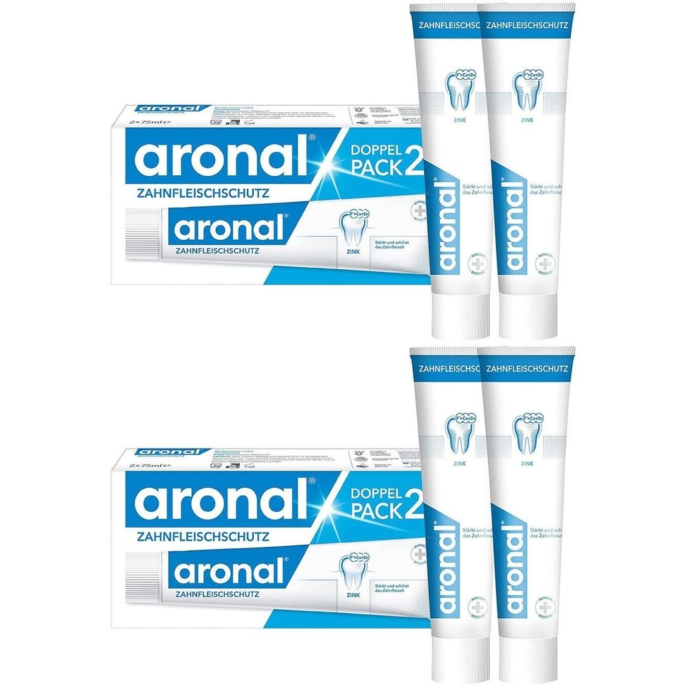 Zahnpasta-Packung mit zwei Tuben und zwei Kartons. Aufschrift: aronal Zahnfleischschutz. Doppelpack.